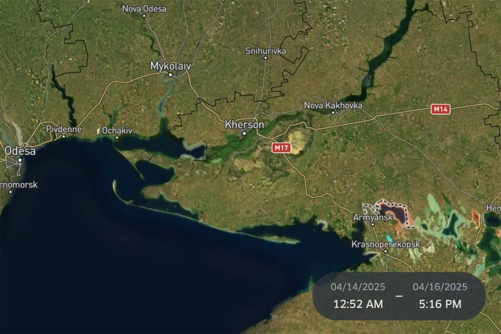 Map of southern Ukraine GNSS interference data from April 14 - April 16, 2025 (48-hour blackout)