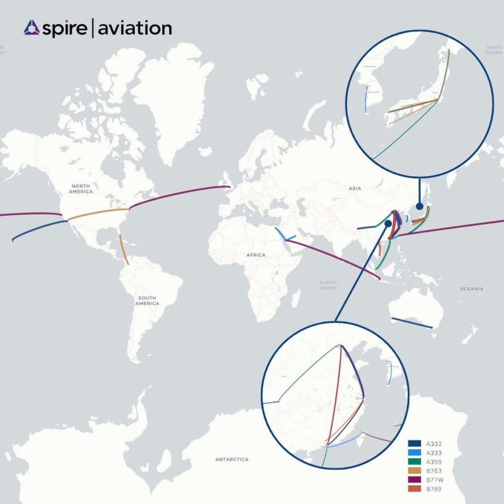 busiest regional and intercontinental routes of widebody aircraft in 2023 map