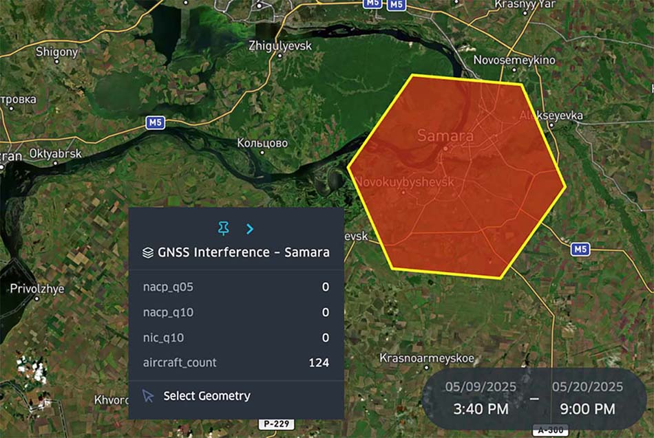 Figure 10: Spire Aviation GNSS interference data in Samara from May 9 - 20, 2025 (NACp_q05=0, aircraft count > 40)