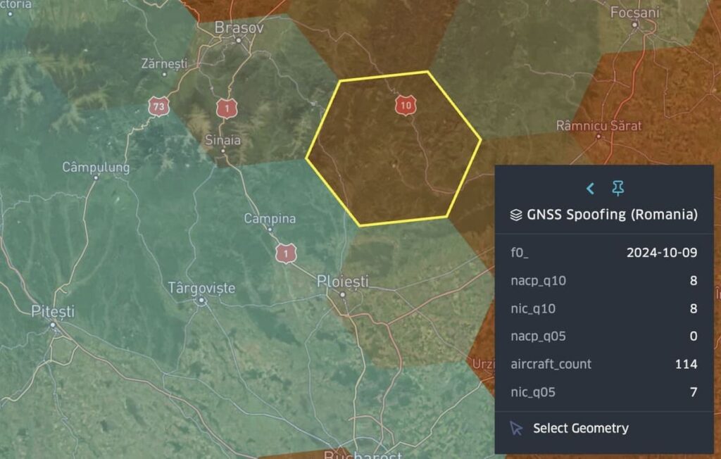 Hex ~50 km west of Boboc – spoofing indicators in 114 aircraft (October, 2024)