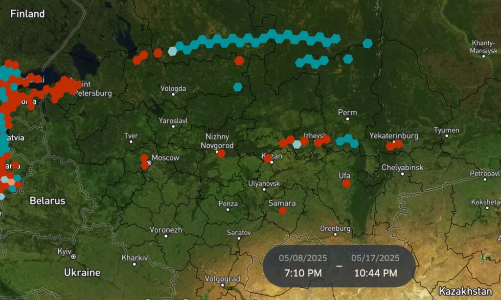 Figure 7: Spire Aviation GNSS interference data in urban zones from May 8 - May 17, 2025 (NACp_q05=0, aircraft count > 60)