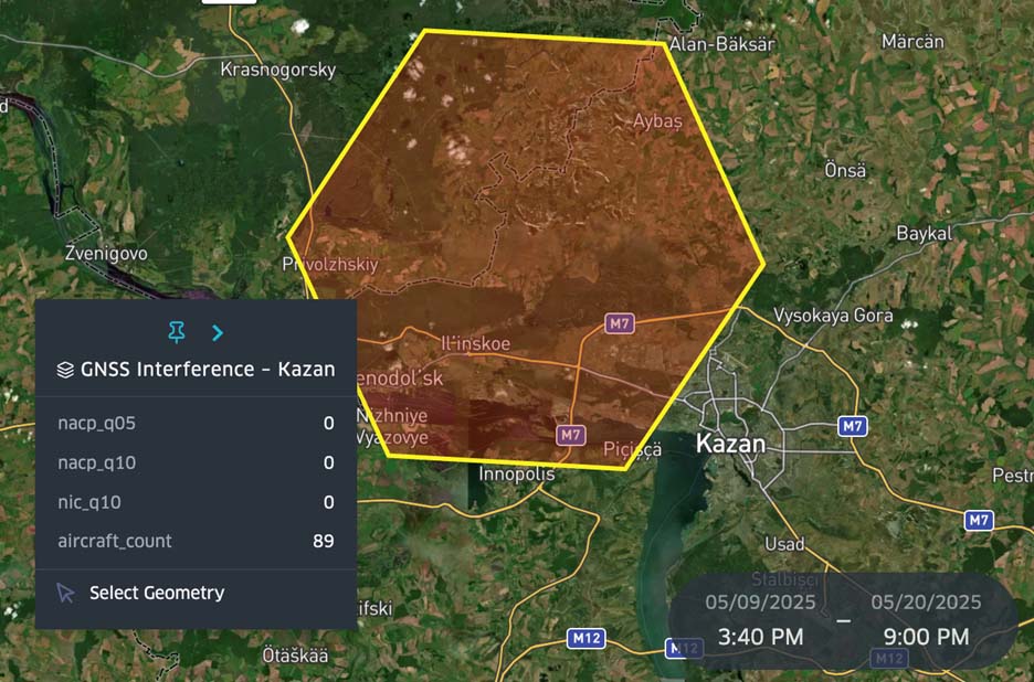 Figure 8: Spire Aviation GNSS interference data in Kazan from May 9 - 20, 2025 (NACp_q05=0, aircraft count > 40)