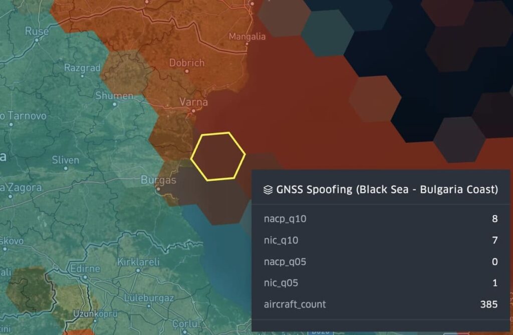 Spire Aviation's GNSS spoofing data along the Bulgarian Coast - Black Sea (May 31, 2025)