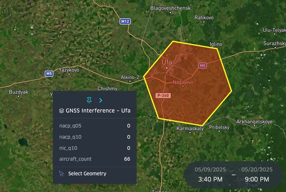 Figure 9: Spire Aviation GNSS interference data in Ufa from May 9 - 20, 2025 (NACp_q05=0, aircraft count > 40)