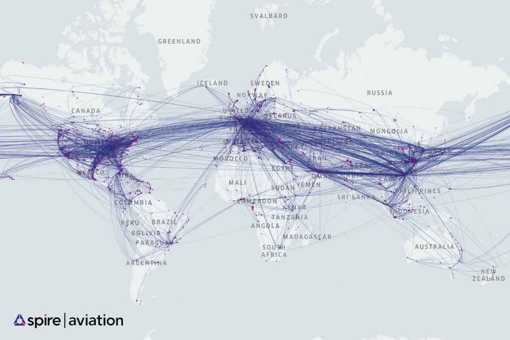 Map illustration of global air cargo flight density for January 2025