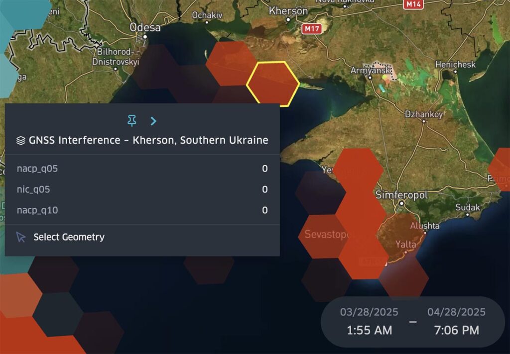 Map of Kherson, Southern Ukraine GNSS interference data from March 28 – April 28, 2025