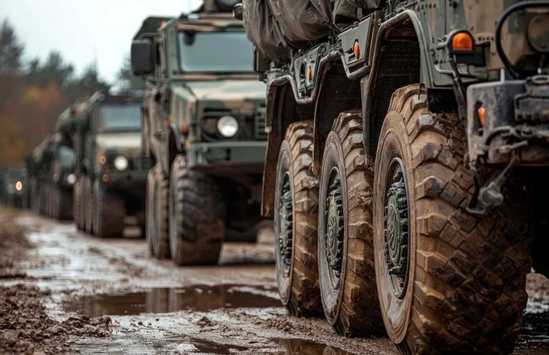 A row of military trucks on a muddy road