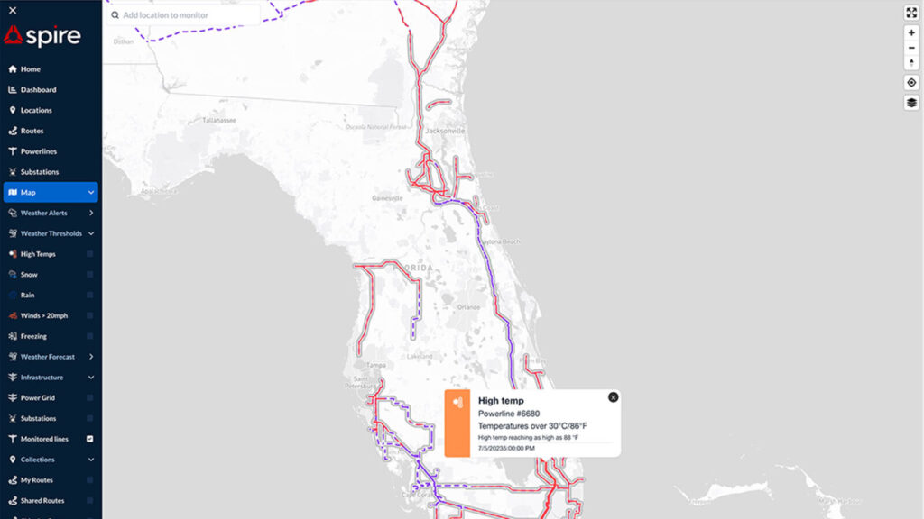 Spire DeepVision™ dashboard example - Power lines infrastructure color coded for alerts - temperature example