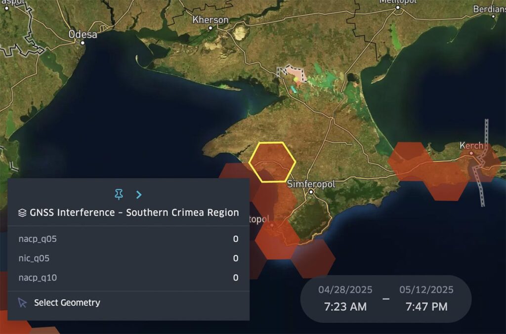 Map of the Southern Crimea region GNSS interference data from April 28- May 12, 2025