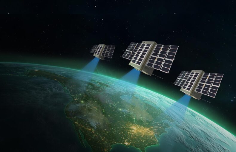 Three satellites scanning Earth for greenhouse gas emissions