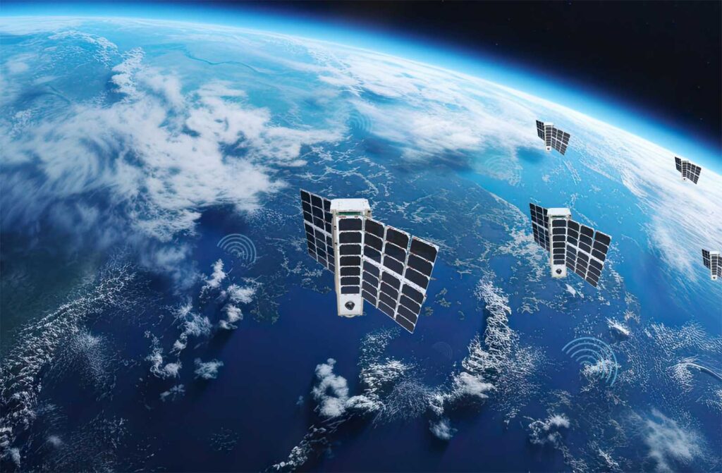 Spire 4U satellite constellation in orbit above Earth