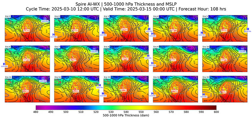 Spire's AI-WX ensemble weather forecasting for 500-1000 hPa thickness and mean sea level pressure predictions