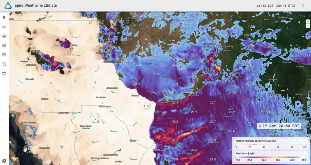 Spire High-Resolution Forecast data showing areas of high fire threat