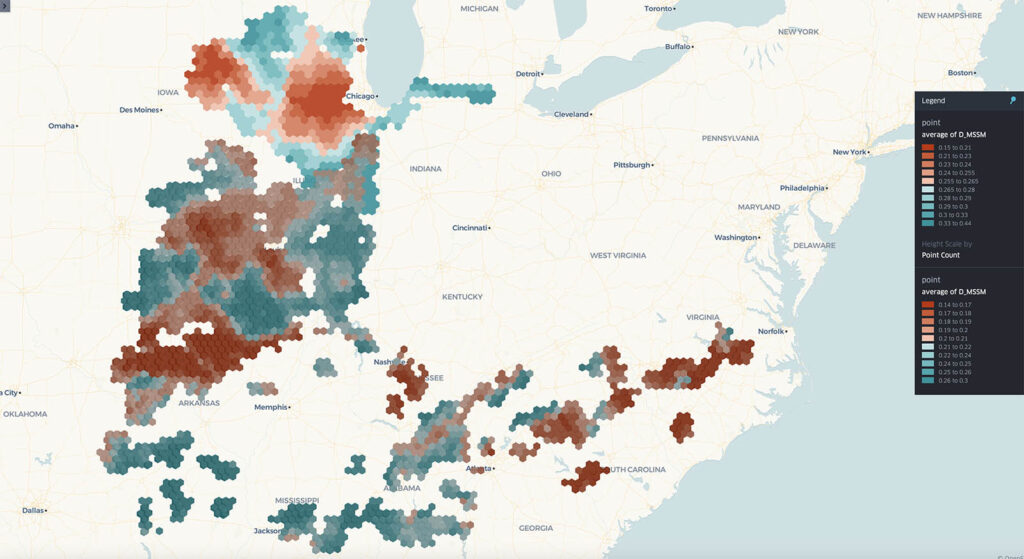 Spire's Soil Moisture Insights: A map of the US showing surface soil moisture data as of April 25, 2024, in locations with emerging cicada broods