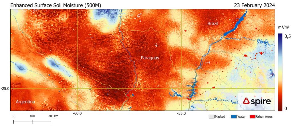 Spire’s daily surface soil moisture at 500-m resolution for February 23, 2024: This high-resolution image shows extreme dryness across regions of South America. According to NOAA, this February experienced record-high temperatures, contributing to a five-year span ending in February 2024 as the warmest on record. The unusual warmth has exacerbated drought conditions.