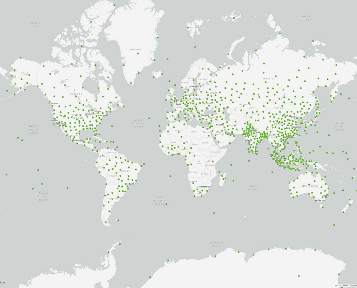 Global map showing 900 weather balloon daily launch sites