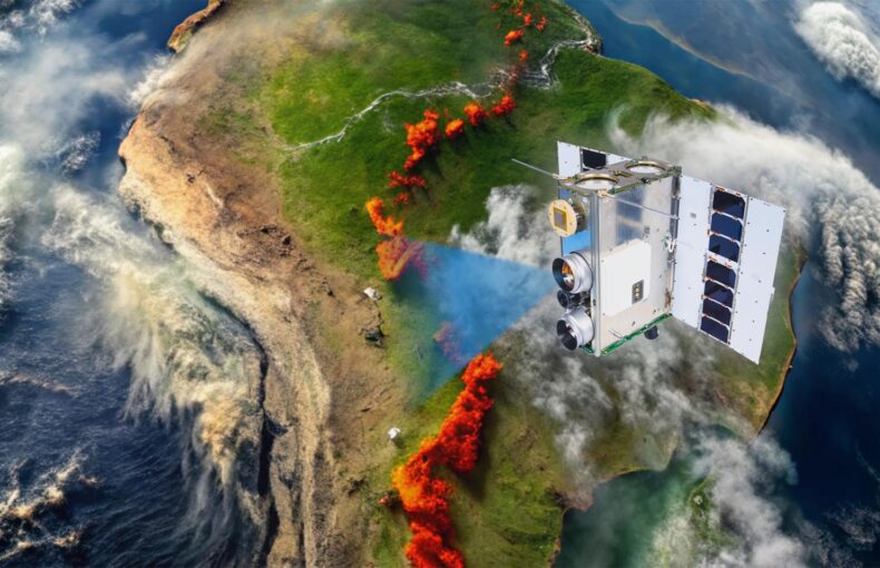 An illustration of a satellite constellation detecting wildfires